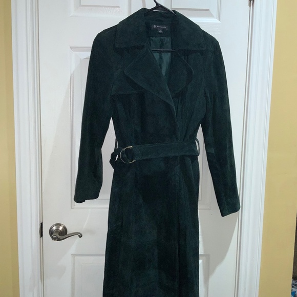 INC International Concepts Green Suede O-Ring belt Trench Coat Sz M lined - Picture 1 of 12